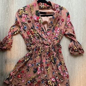 Pretty Little Thing Dark Nude Floral Frill Detail Pleated Skater Dress size US 4